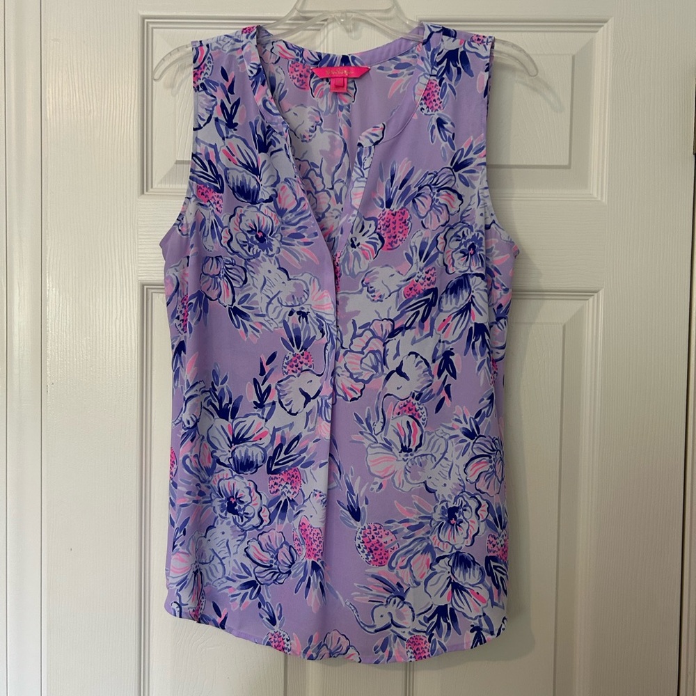 Lilly Pulitzer Floral V-Neck Blouse - Lavender and Pink